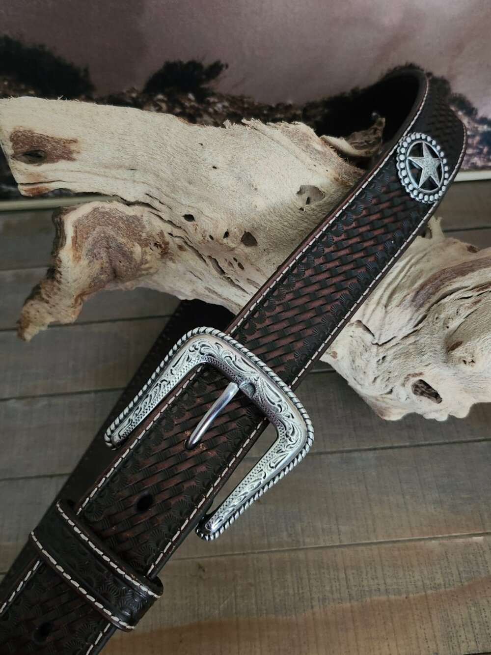 CAVENDERS Cowboy Western Brown Basket Weave Leather TX Silver Star 38W